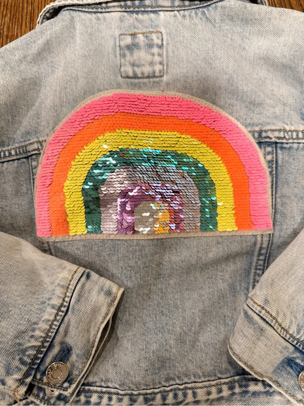 GAP Light Wash Denim Jacket with Multicolor Sequin Rainbow
